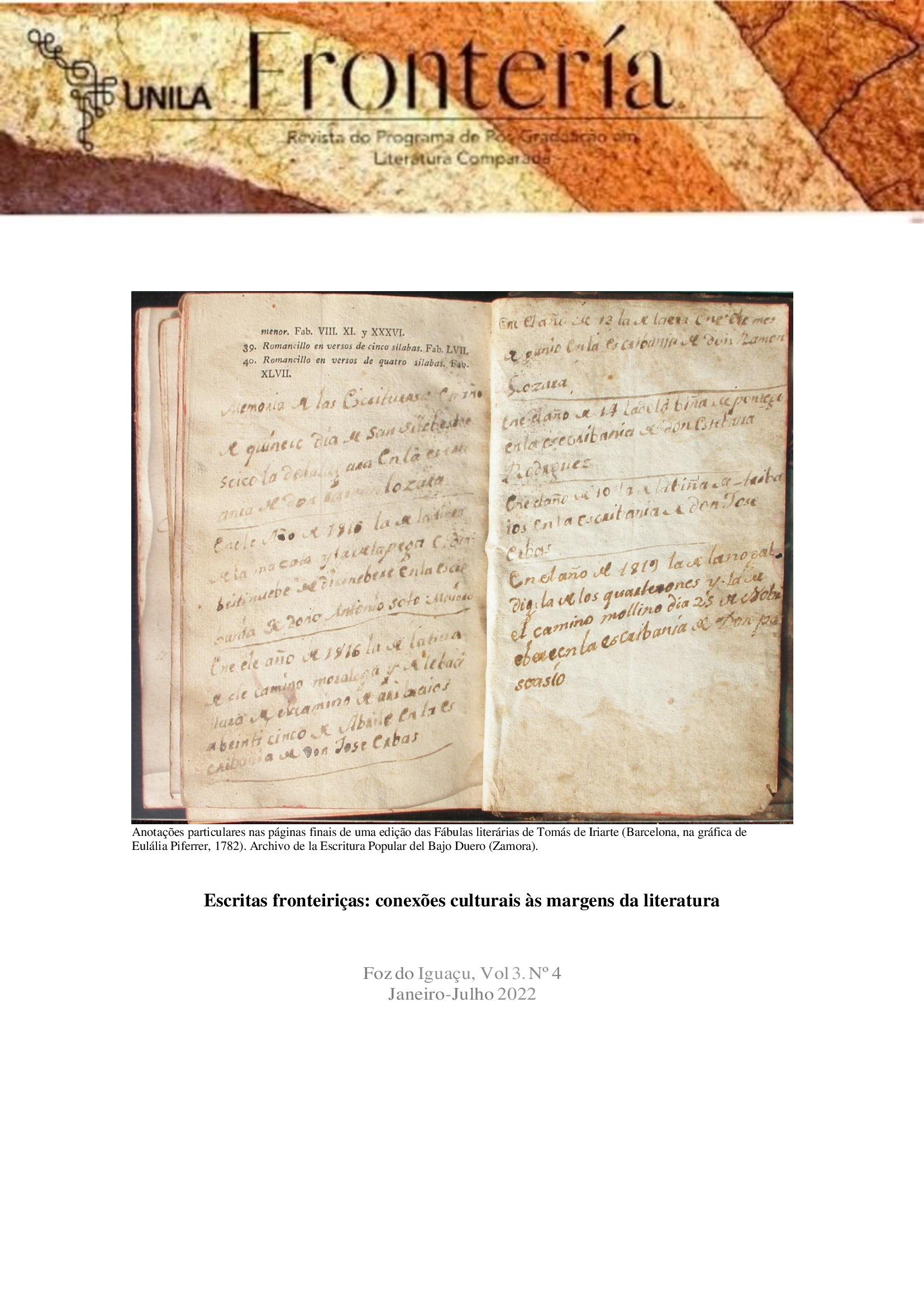 Anotações particulares nas páginas finais de uma edição das Fábulas literárias de Tomás de Iriarte (Barcelona, na gráfica de Eulália Piferrer, 1782). Archivo de la Escritura Popular del Bajo Duero (Zamora)